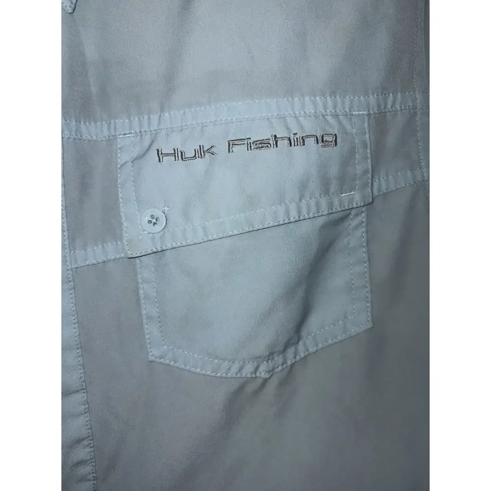 Huk Men’s Light Blue Short Sleeve Button-Down Fishing Shirt Pockets L Poly